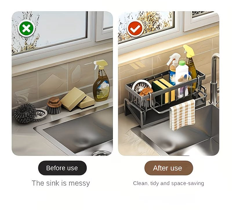 2PCS Sink Organizer Rack – Heavy-Duty Slide-Out Storage Shelf with Drain Tray & Towel Bar