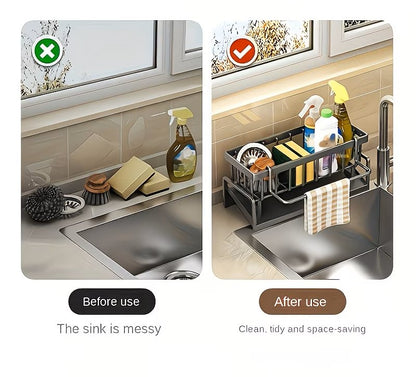 2PCS Sink Organizer Rack – Heavy-Duty Slide-Out Storage Shelf with Drain Tray & Towel Bar