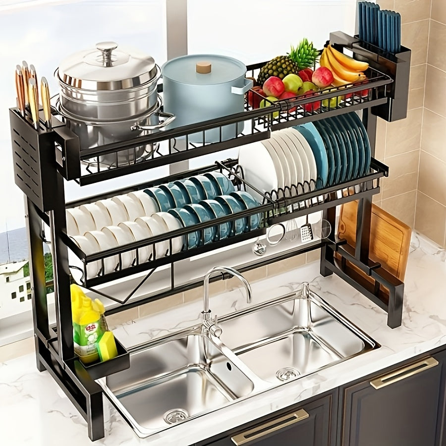 Expandable Over-Sink Dish Drying Rack with Drainage – Stainless Steel Space-Saving Kitchen Organizer