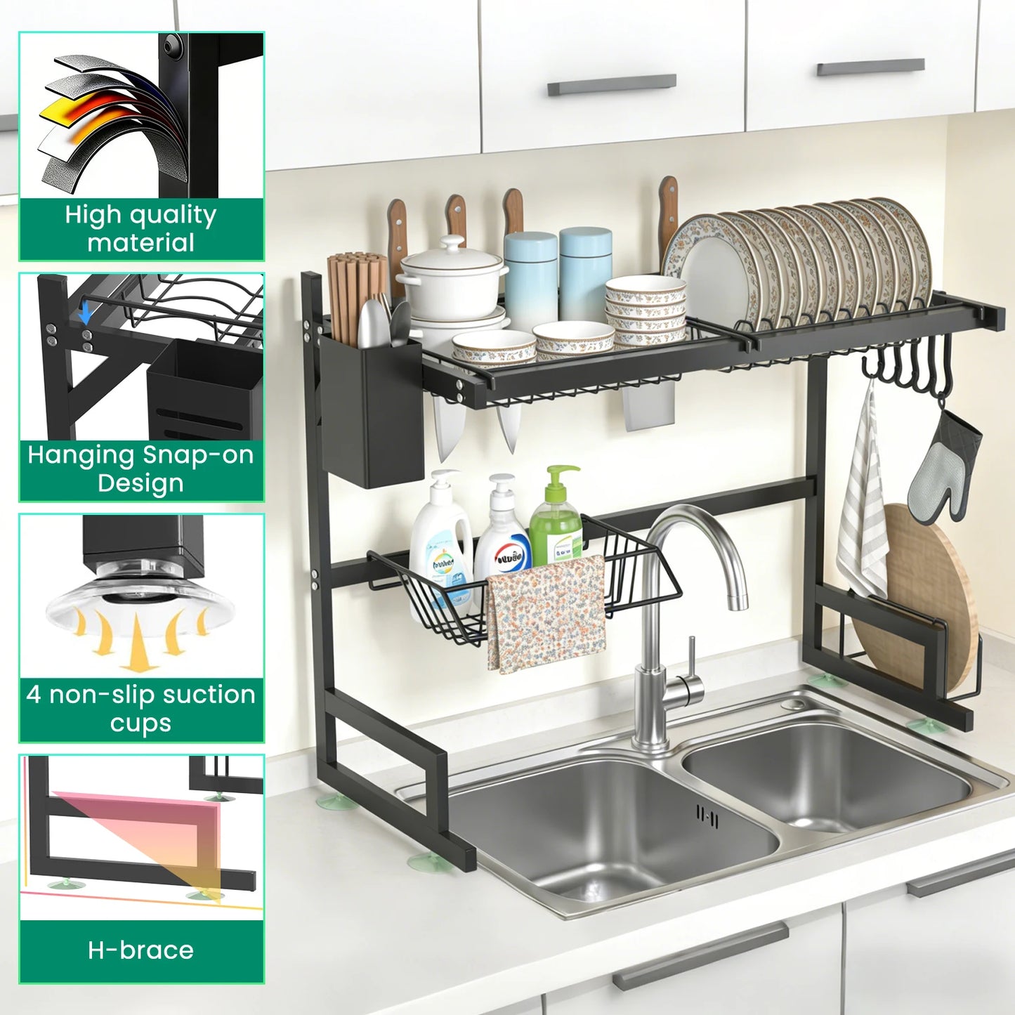 Over-the-Sink 2-Tier Dish Drying Rack – Heavy-Duty Kitchen Organizer with Knife & Utensil Holders