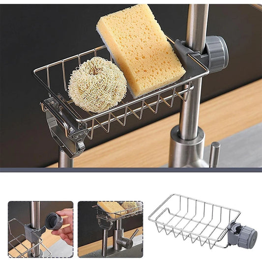 2pcs Adjustable Kitchen Faucet Storage Rack – Rotating Sink Caddy for Sponges, Soap & Brushes