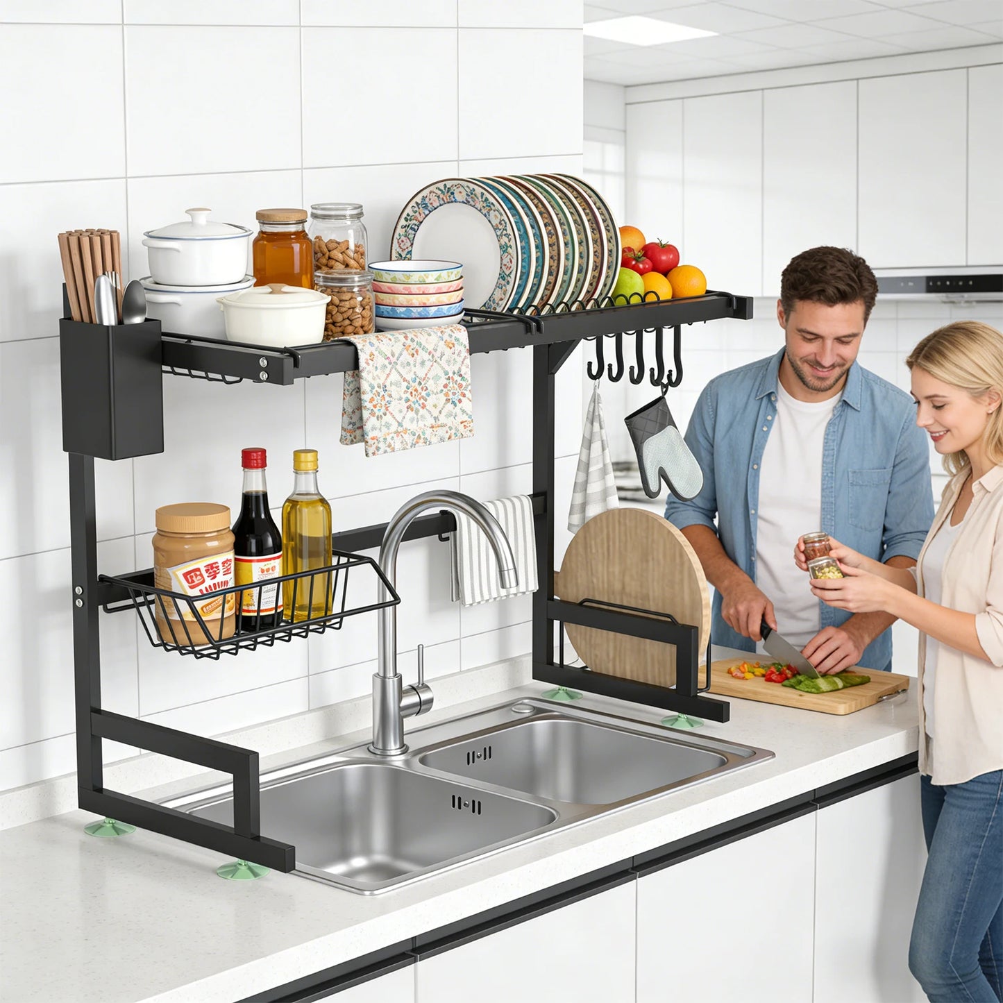 Over-the-Sink 2-Tier Dish Drying Rack – Heavy-Duty Kitchen Organizer with Knife & Utensil Holders