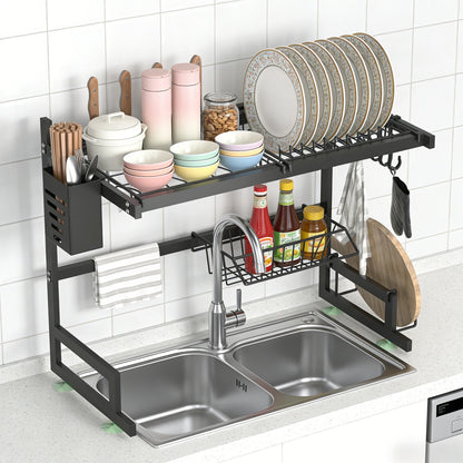 Over-the-Sink 2-Tier Dish Drying Rack – Heavy-Duty Kitchen Organizer with Knife & Utensil Holders