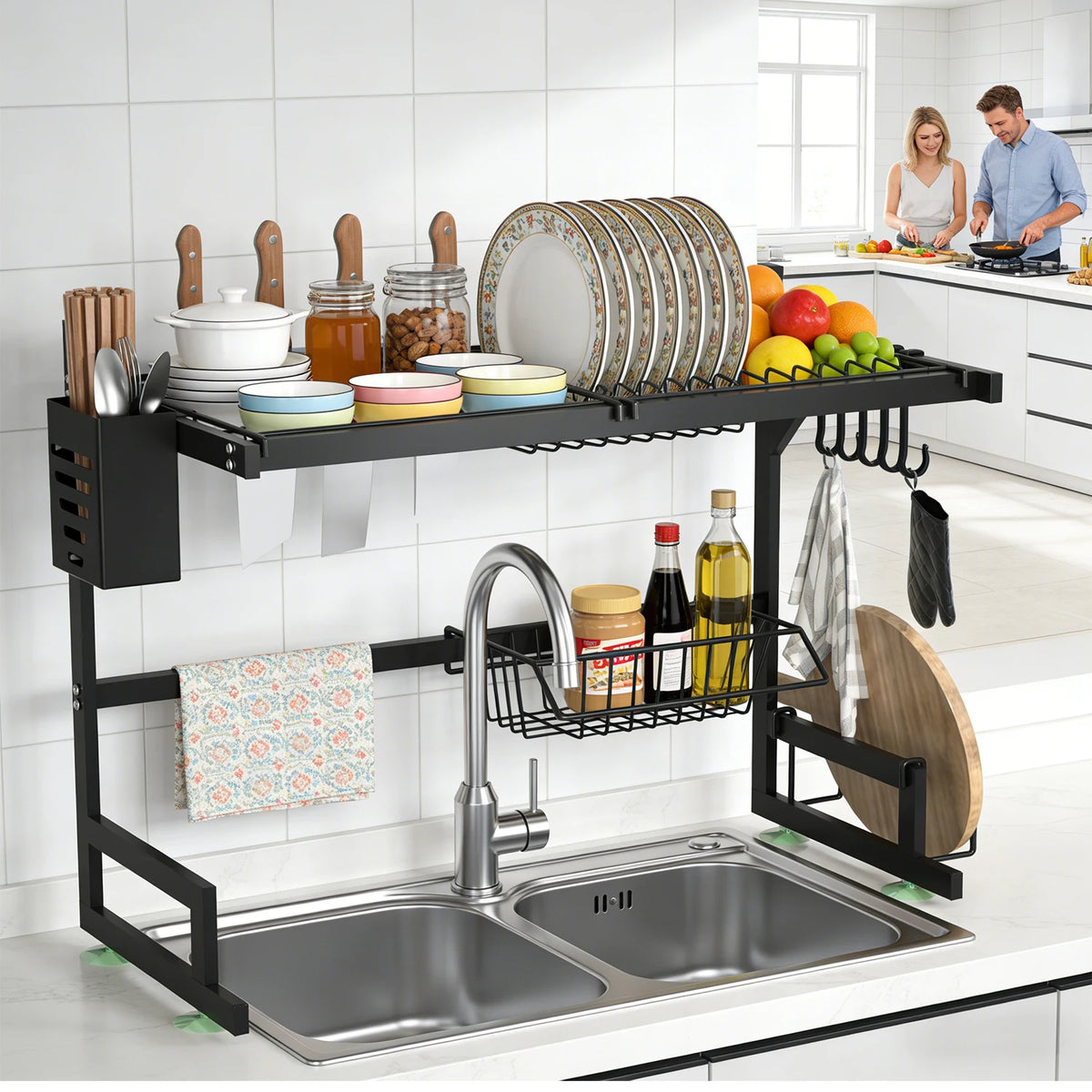 Over-the-Sink 2-Tier Dish Drying Rack – Heavy-Duty Kitchen Organizer with Knife & Utensil Holders