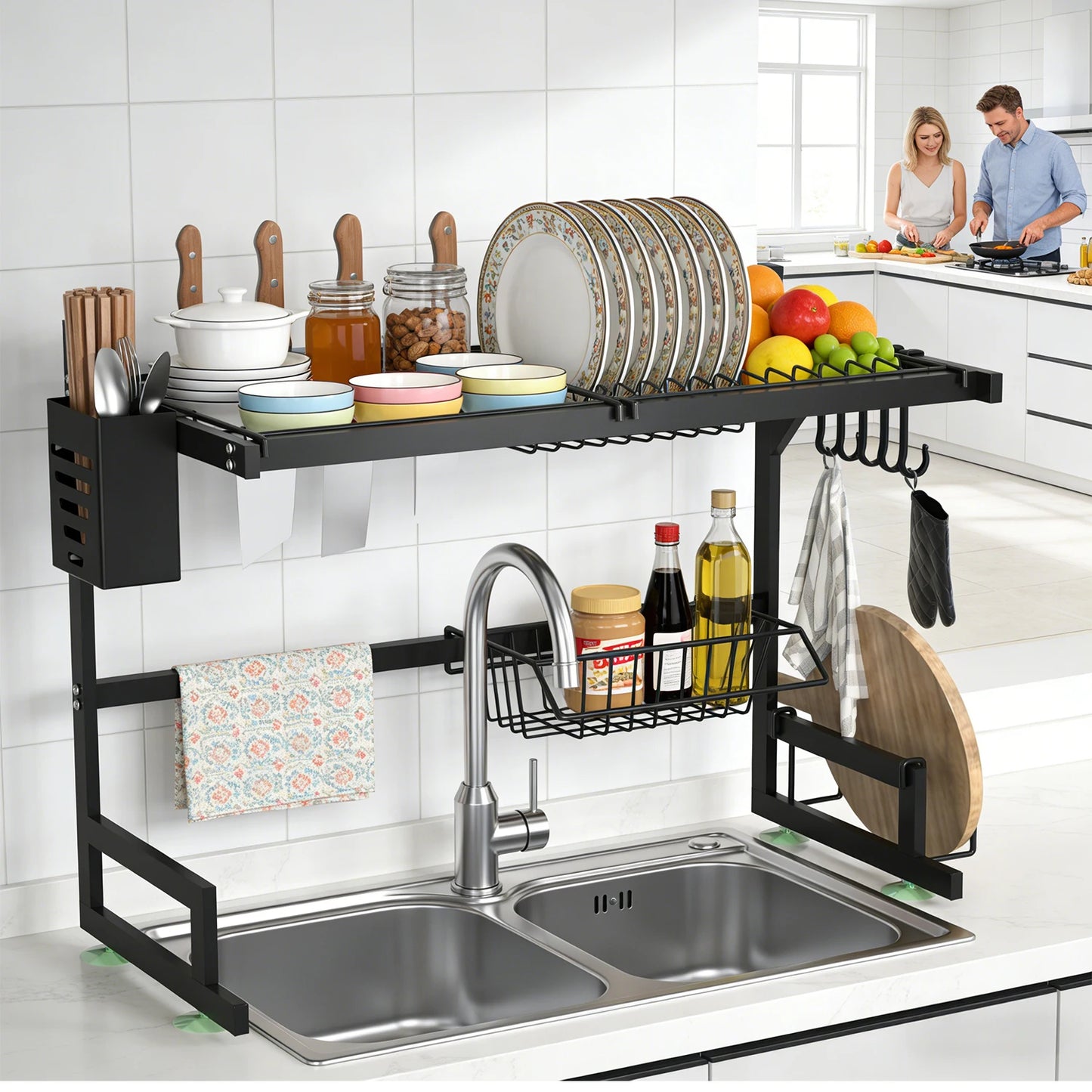 Over-the-Sink 2-Tier Dish Drying Rack – Heavy-Duty Kitchen Organizer with Knife & Utensil Holders