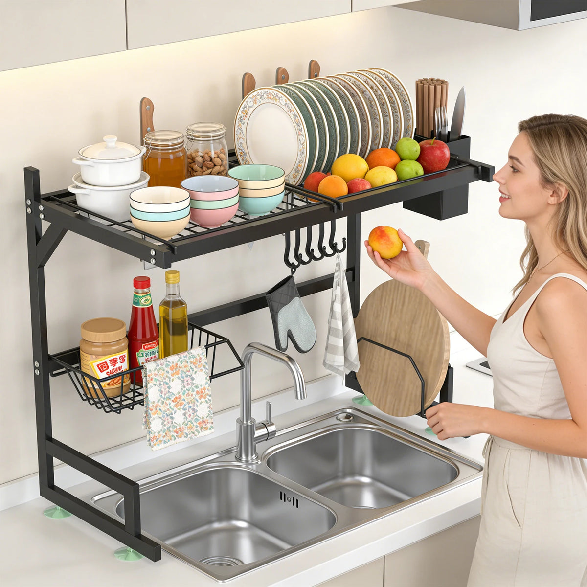 Over-the-Sink 2-Tier Dish Drying Rack – Heavy-Duty Kitchen Organizer with Knife & Utensil Holders