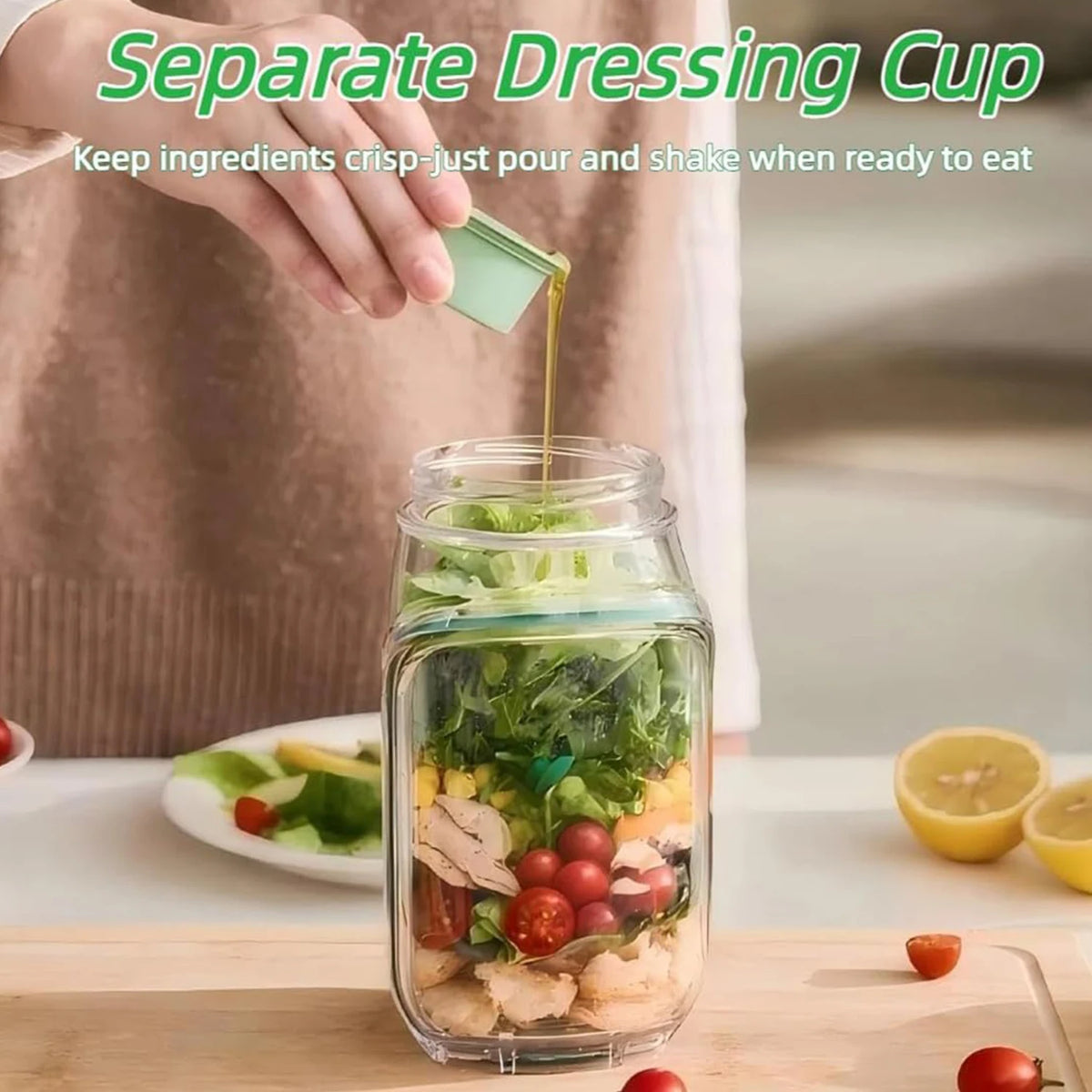 Leakproof Side-Open Salad Jar with Built-In Dressing Container