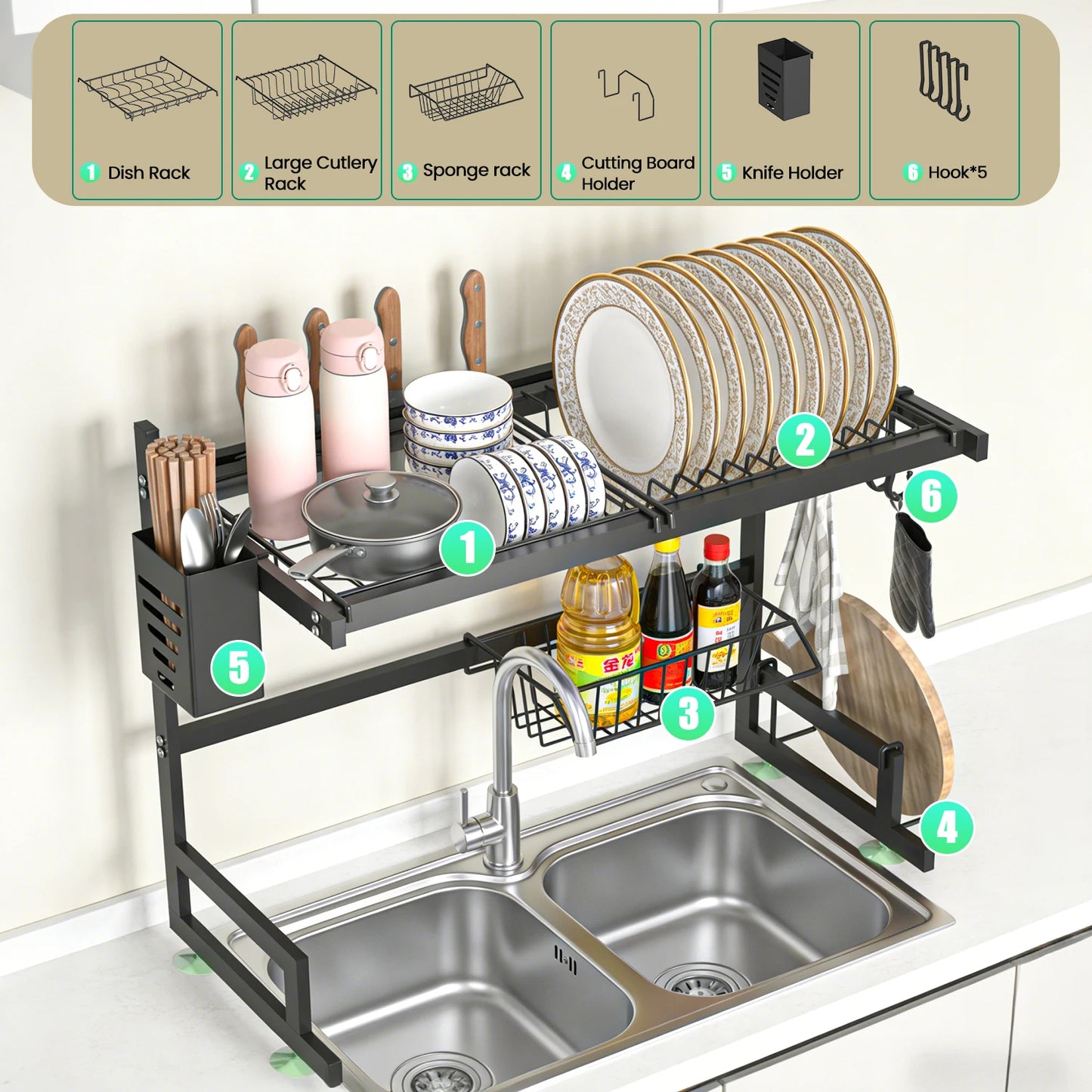 Over-the-Sink 2-Tier Dish Drying Rack – Heavy-Duty Kitchen Organizer with Knife & Utensil Holders