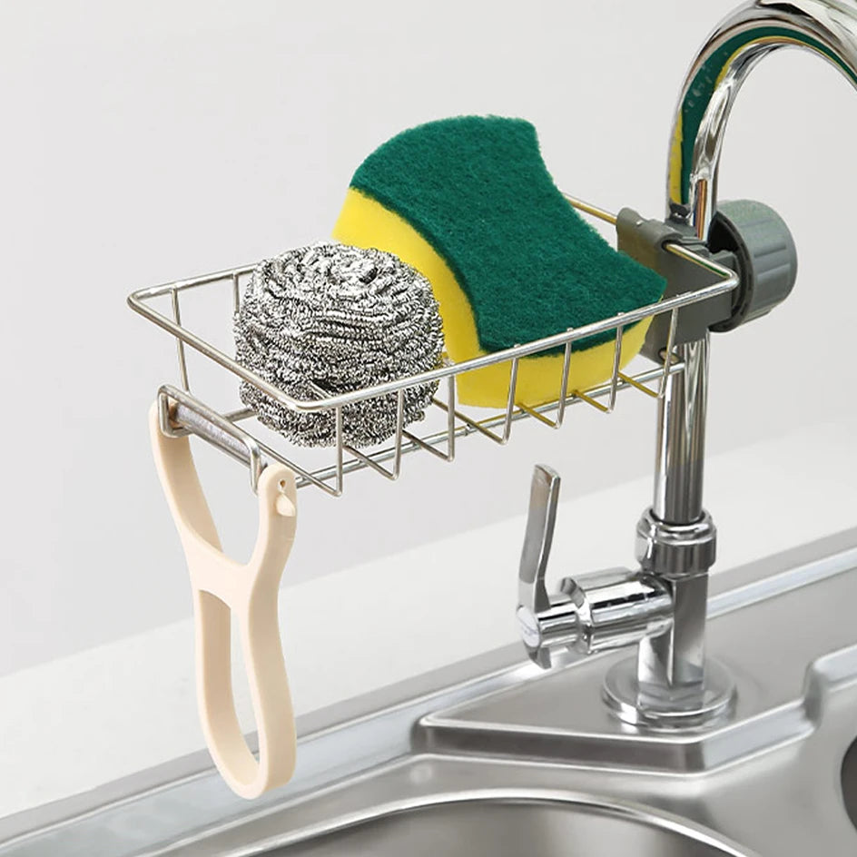 2pcs Adjustable Kitchen Faucet Storage Rack – Rotating Sink Caddy for Sponges, Soap & Brushes