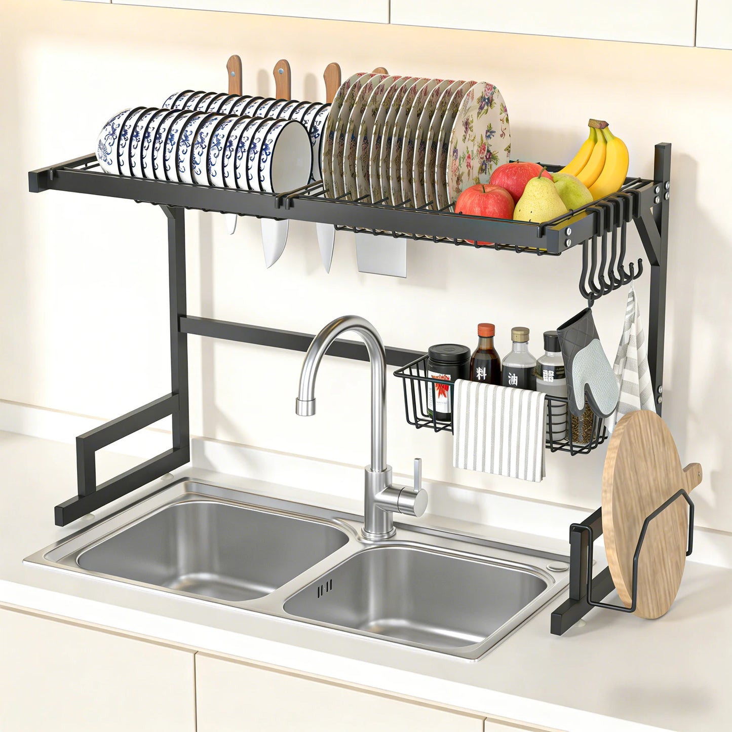 Over-the-Sink 2-Tier Dish Drying Rack – Heavy-Duty Kitchen Organizer with Knife & Utensil Holders