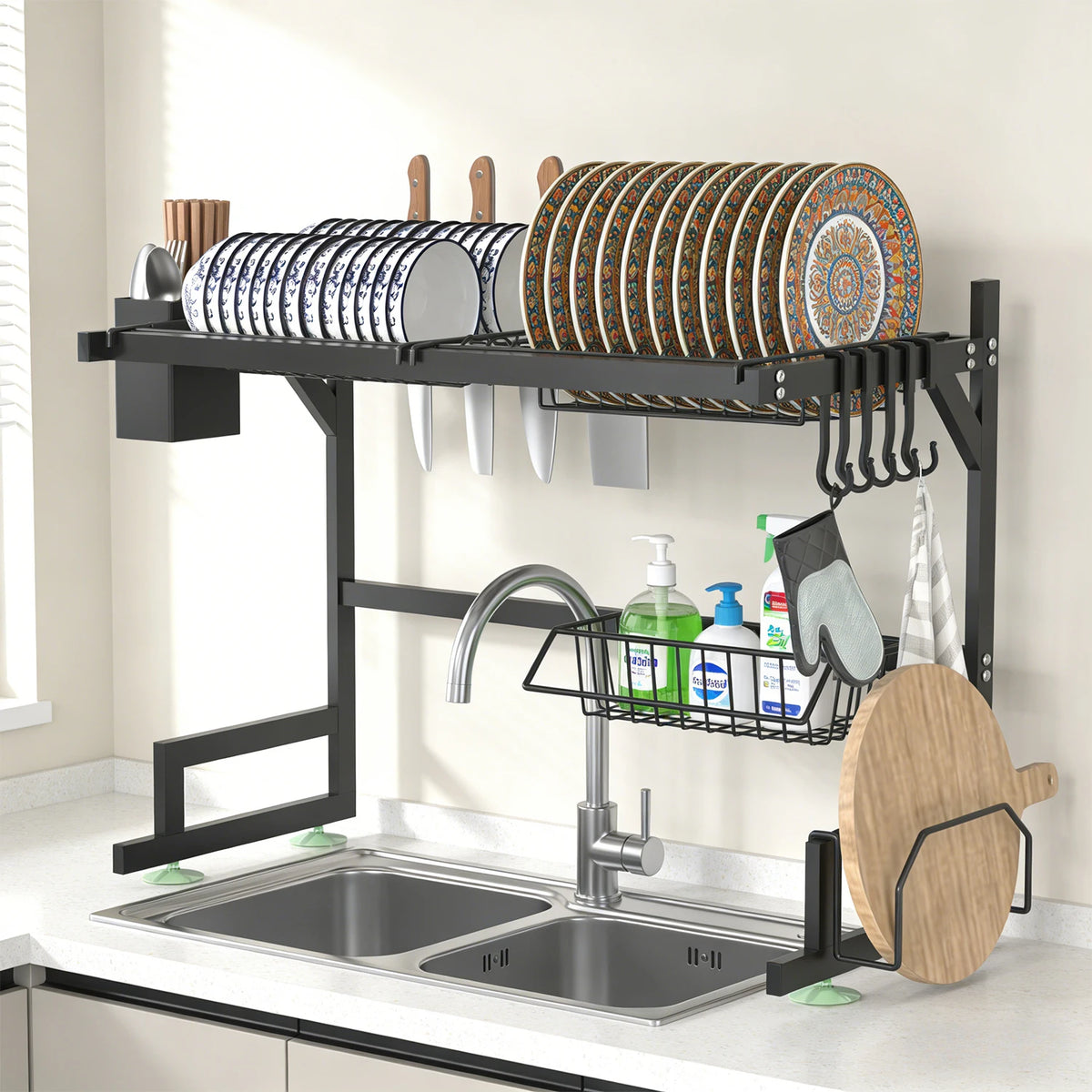 Over-the-Sink 2-Tier Dish Drying Rack – Heavy-Duty Kitchen Organizer with Knife & Utensil Holders