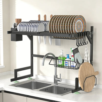 Over-the-Sink 2-Tier Dish Drying Rack – Heavy-Duty Kitchen Organizer with Knife & Utensil Holders