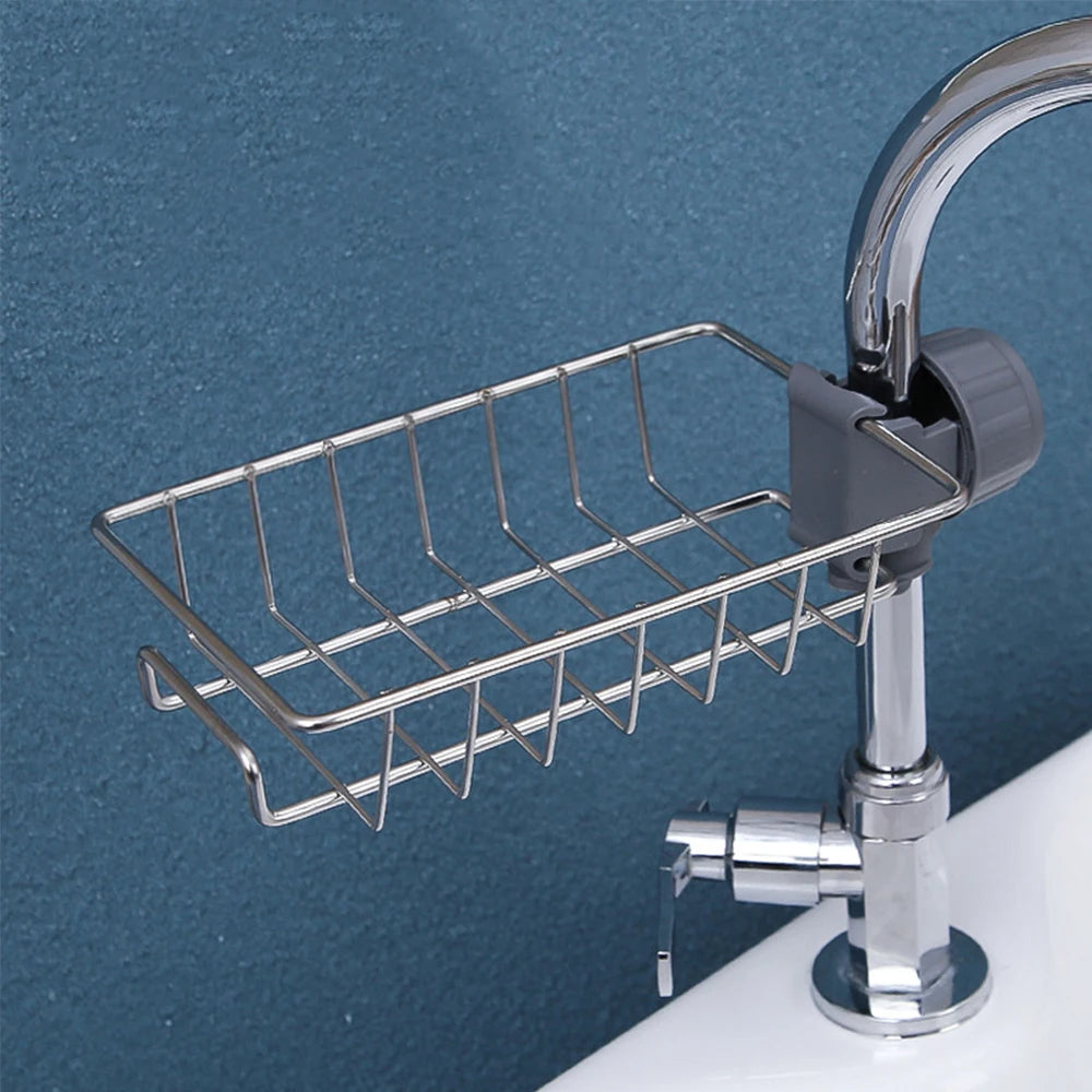 2pcs Adjustable Kitchen Faucet Storage Rack – Rotating Sink Caddy for Sponges, Soap & Brushes