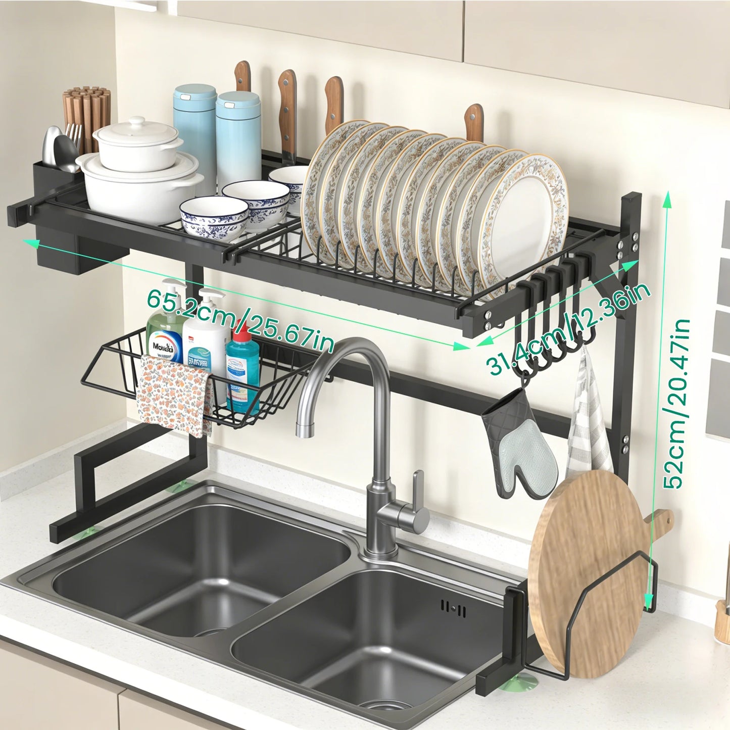Over-the-Sink 2-Tier Dish Drying Rack – Heavy-Duty Kitchen Organizer with Knife & Utensil Holders