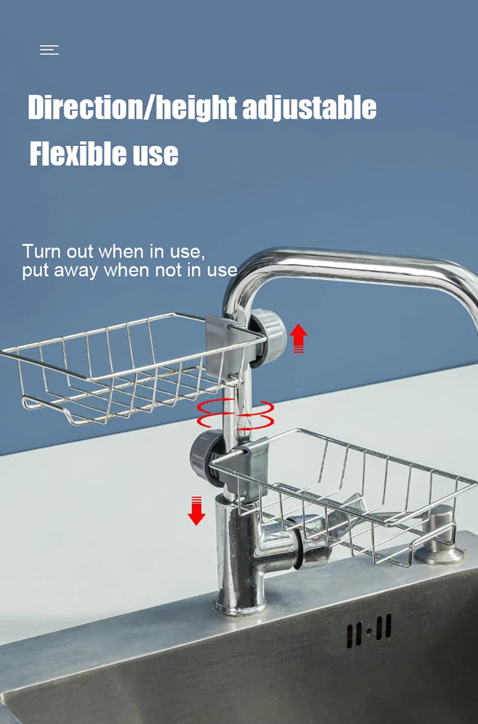 2pcs Adjustable Kitchen Faucet Storage Rack – Rotating Sink Caddy for Sponges, Soap & Brushes