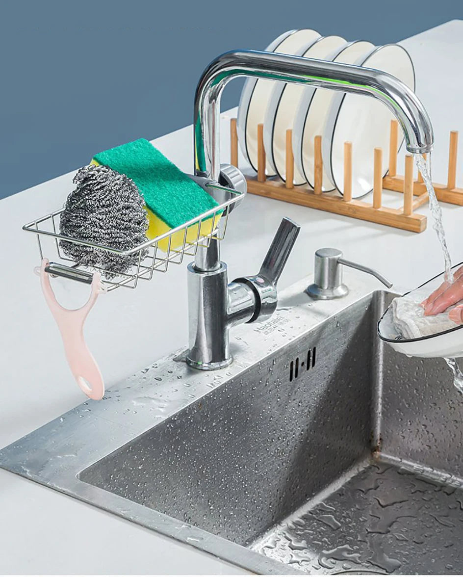 2pcs Adjustable Kitchen Faucet Storage Rack – Rotating Sink Caddy for Sponges, Soap & Brushes