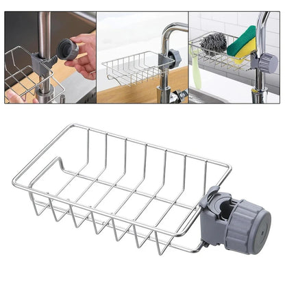 2pcs Adjustable Kitchen Faucet Storage Rack – Rotating Sink Caddy for Sponges, Soap & Brushes