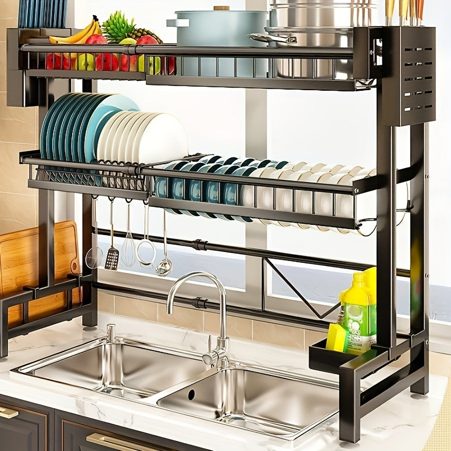 Expandable Over-Sink Dish Drying Rack with Drainage – Stainless Steel Space-Saving Kitchen Organizer