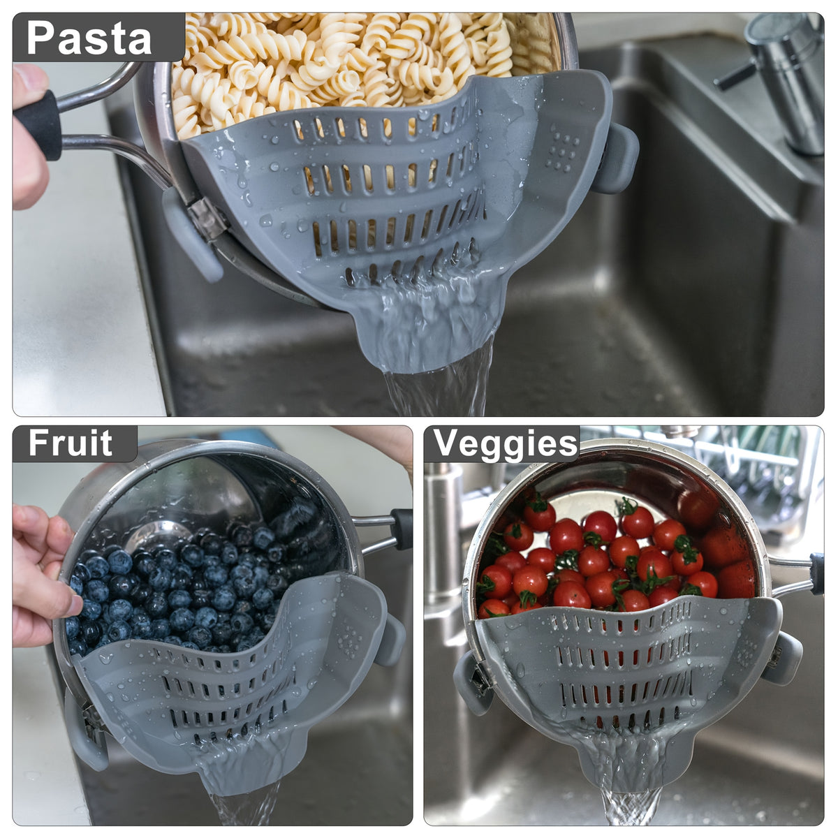1pc Clip-On Pot Strainer – Hands-Free Silicone Colander for Pasta, Vegetables & More