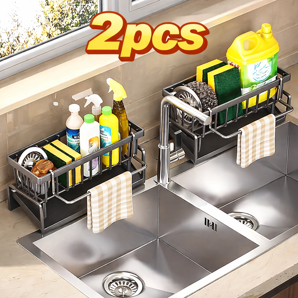 2PCS Sink Organizer Rack – Heavy-Duty Slide-Out Storage Shelf with Drain Tray & Towel Bar